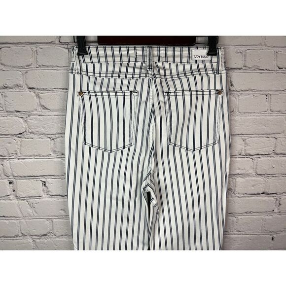 Judy Blue Rowan Super Flare Jeans Size 5/27 White Blue Striped High Rise Raw Hem - Picture 5 of 9